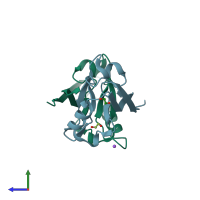 PDB entry 3b76 coloured by chain, side view.