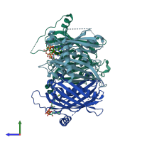 PDB entry 3b7k coloured by chain, side view.