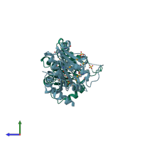 PDB entry 3b85 coloured by chain, side view.