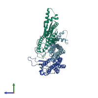 PDB entry 3b8m coloured by chain, side view.