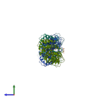 PDB entry 3b8t coloured by chain, side view.