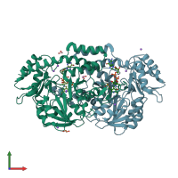 PDB entry 3b8x coloured by chain, front view.