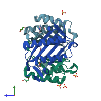 PDB entry 3b9s coloured by chain, side view.