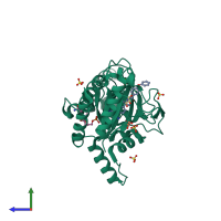 PDB entry 3ba9 coloured by chain, side view.