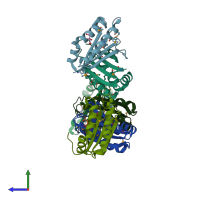 PDB entry 3bb5 coloured by chain, side view.