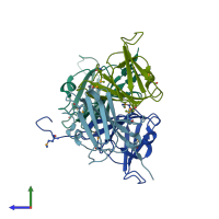 PDB entry 3bb6 coloured by chain, side view.