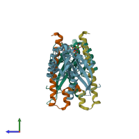PDB entry 3bc1 coloured by chain, side view.