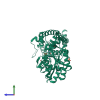 PDB entry 3bcb coloured by chain, side view.
