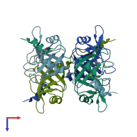 PDB entry 3bcp coloured by chain, top view.