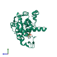 PDB entry 3bd9 coloured by chain, side view.