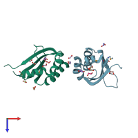 PDB entry 3bde coloured by chain, top view.
