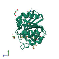 PDB entry 3bdi coloured by chain, side view.