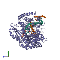 PDB entry 3bdp coloured by chain, side view.