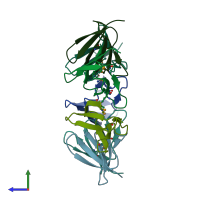 PDB entry 3bdu coloured by chain, side view.