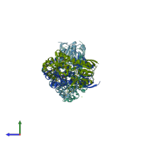 PDB entry 3be6 coloured by chain, side view.