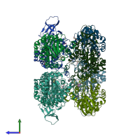 PDB entry 3be7 coloured by chain, side view.