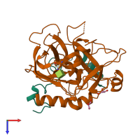 Hetero dimeric assembly 1 of PDB entry 3bei coloured by chemically distinct molecules, top view.