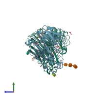 PDB entry 3beq coloured by chain, side view.