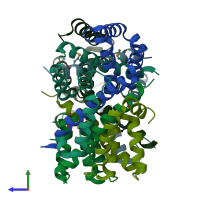 PDB entry 3bey coloured by chain, side view.