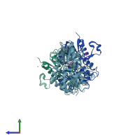 PDB entry 3bft coloured by chain, side view.