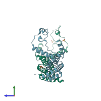 PDB entry 3bge coloured by chain, side view.