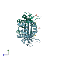 PDB entry 3bgh coloured by chain, side view.