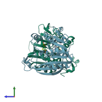 PDB entry 3bgi coloured by chain, side view.