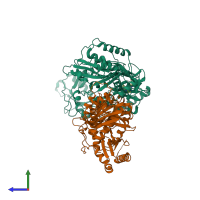 PDB entry 3bgr coloured by chain, side view.