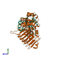 PDB entry 3bh6 coloured by chain, side view.