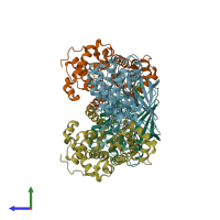PDB entry 3bht coloured by chain, side view.