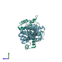 PDB entry 3bhw coloured by chain, side view.