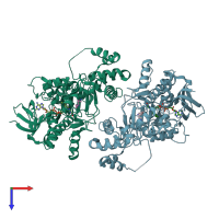 PDB entry 3bi2 coloured by chain, top view.