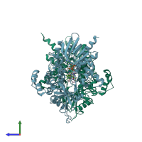 PDB entry 3bi4 coloured by chain, side view.