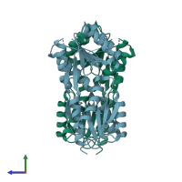 PDB entry 3bil coloured by chain, side view.