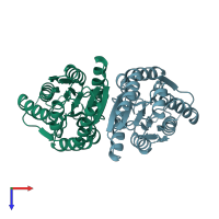 PDB entry 3bil coloured by chain, top view.