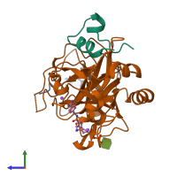 PDB entry 3biu coloured by chain, side view.