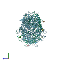 PDB entry 3bjm coloured by chain, side view.