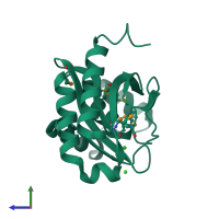 PDB entry 3bjn coloured by chain, side view.