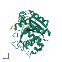 PDB entry 3bjr coloured by chain, side view.