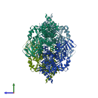 PDB entry 3bjt coloured by chain, side view.