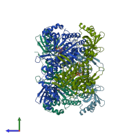 PDB entry 3bju coloured by chain, side view.