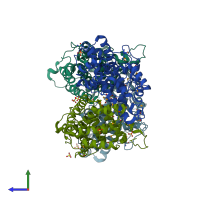 PDB entry 3bjx coloured by chain, side view.