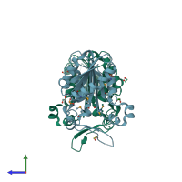 PDB entry 3bkw coloured by chain, side view.