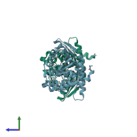 PDB entry 3bkx coloured by chain, side view.