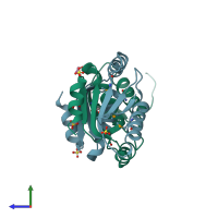 PDB entry 3bl4 coloured by chain, side view.