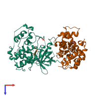 PDB entry 3blq coloured by chain, top view.