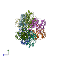 PDB entry 3blv coloured by chain, side view.