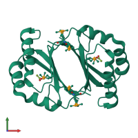 Homo dimeric assembly 1 of PDB entry 3bn7 coloured by chemically distinct molecules, front view.