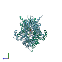 PDB entry 3bnm coloured by chain, side view.