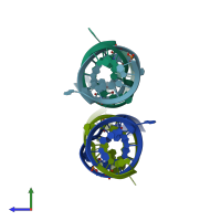PDB entry 3bno coloured by chain, side view.